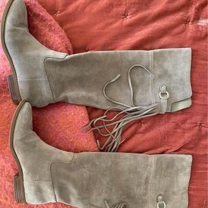 Pair of Michael Kors tan suede tall boots with fringe!